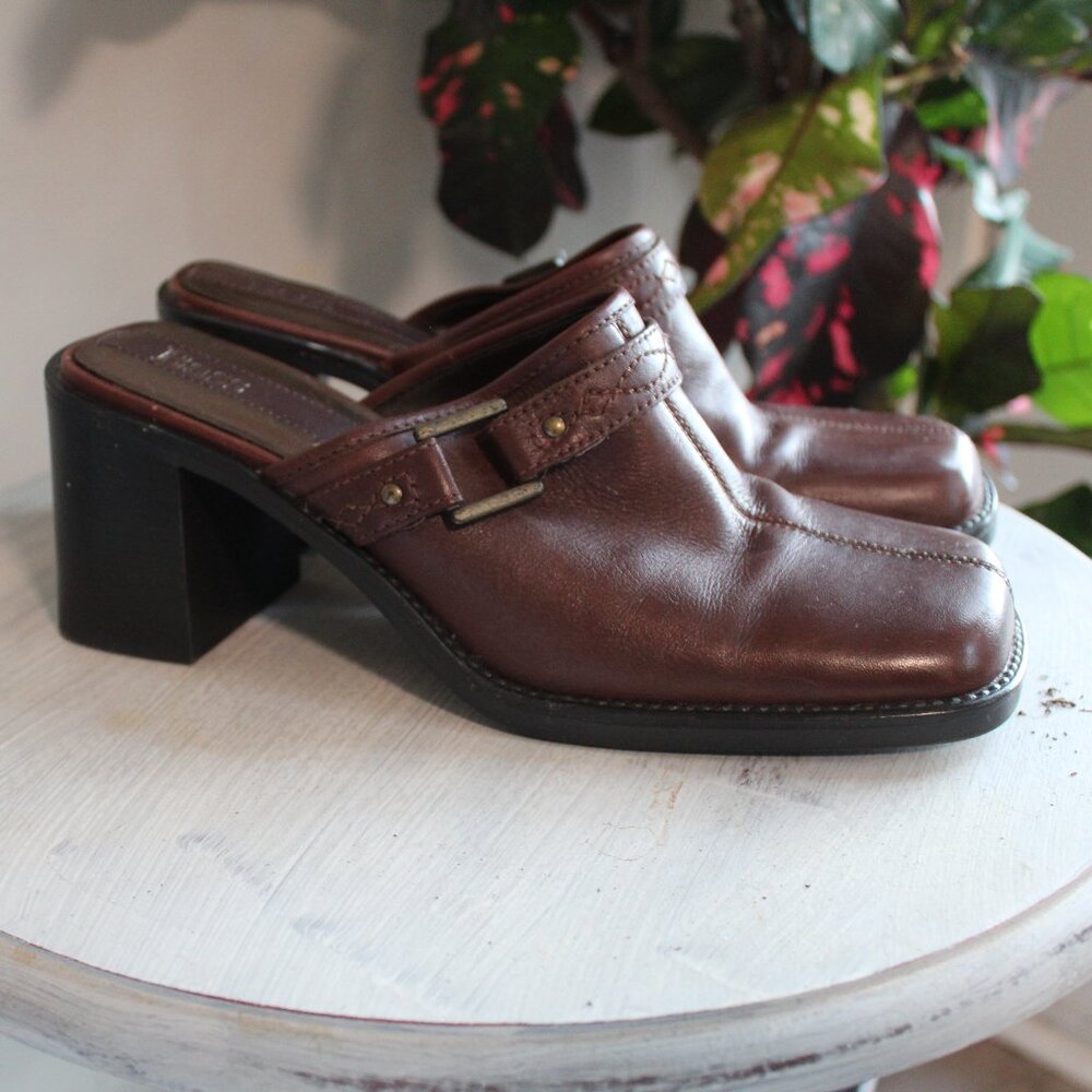 Bass Vintage Brown Leather Square Toe Block Heel Mules US7.5 - Picture 4 of 9